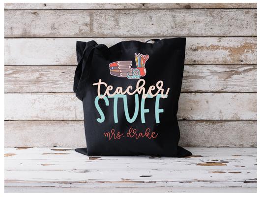 Teacher Stuff Personalized Teacher Transfer for Dark Tote